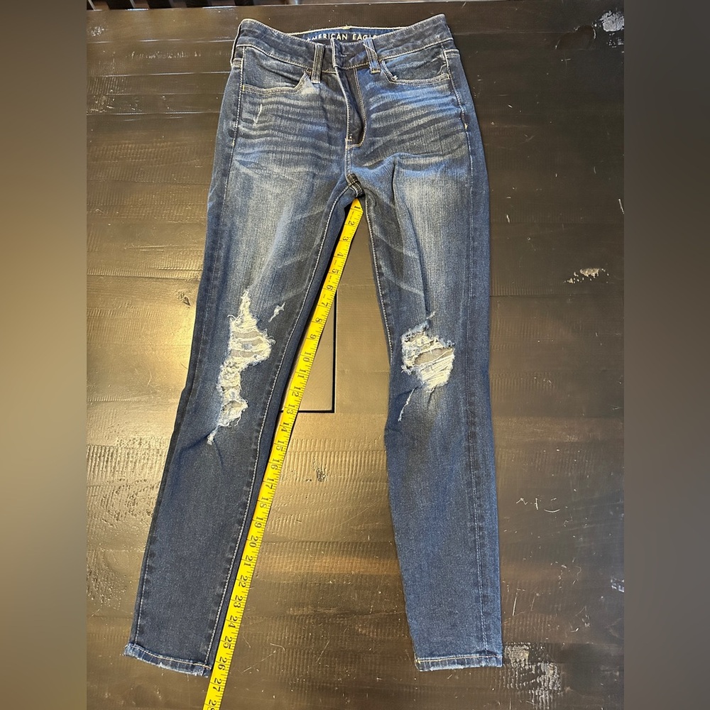 American Eagle Dark Blue Next Level Stretch Hi-Rise Distressed Jegging Jeans